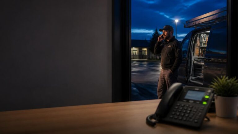A technician takes a business call beside his van at dusk while a Yealink desk phone sits on the office desk